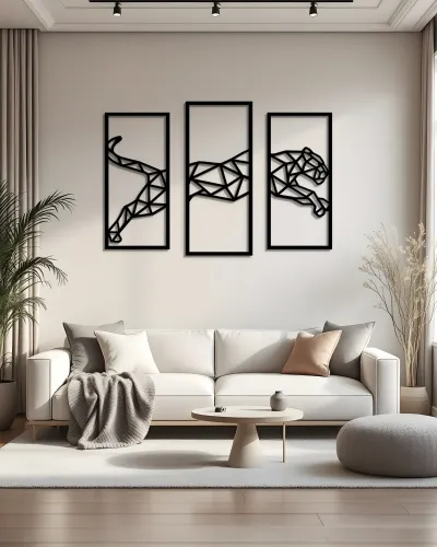 Geometrik Leopar Desenli 3 Parça Metal Tablo – salon duvarında