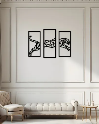 Geometrik Leopar Desenli 3 Parça Metal Tablo – salon duvarında