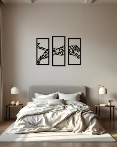 Geometrik Leopar Desenli 3 Parça Metal Tablo – yatak odası duvarında
