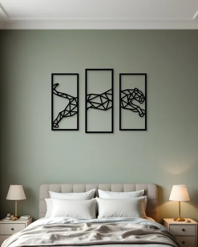 Geometrik Leopar Desenli 3 Parça Metal Tablo – yatak odası duvarında