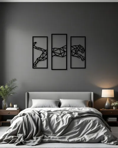 Geometrik Leopar Desenli 3 Parça Metal Tablo – yatak odası duvarında