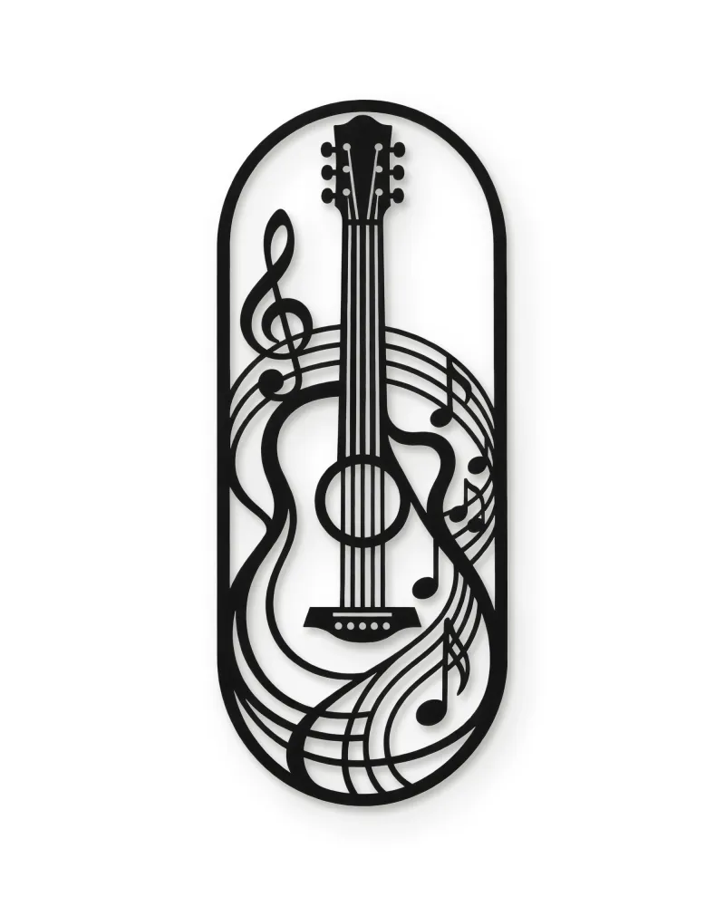 Gitar ve Nota Desenli Oval Metal Tablo – beyaz zemin