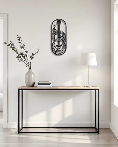 Gitar ve Nota Desenli Oval Metal Tablo – konsol üzerindeki duvarda