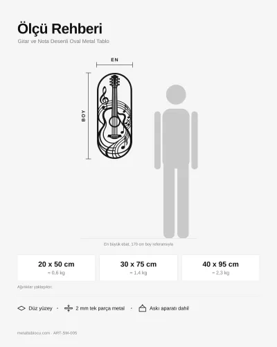 Gitar ve Nota Desenli Oval Metal Tablo – ölçü rehberi