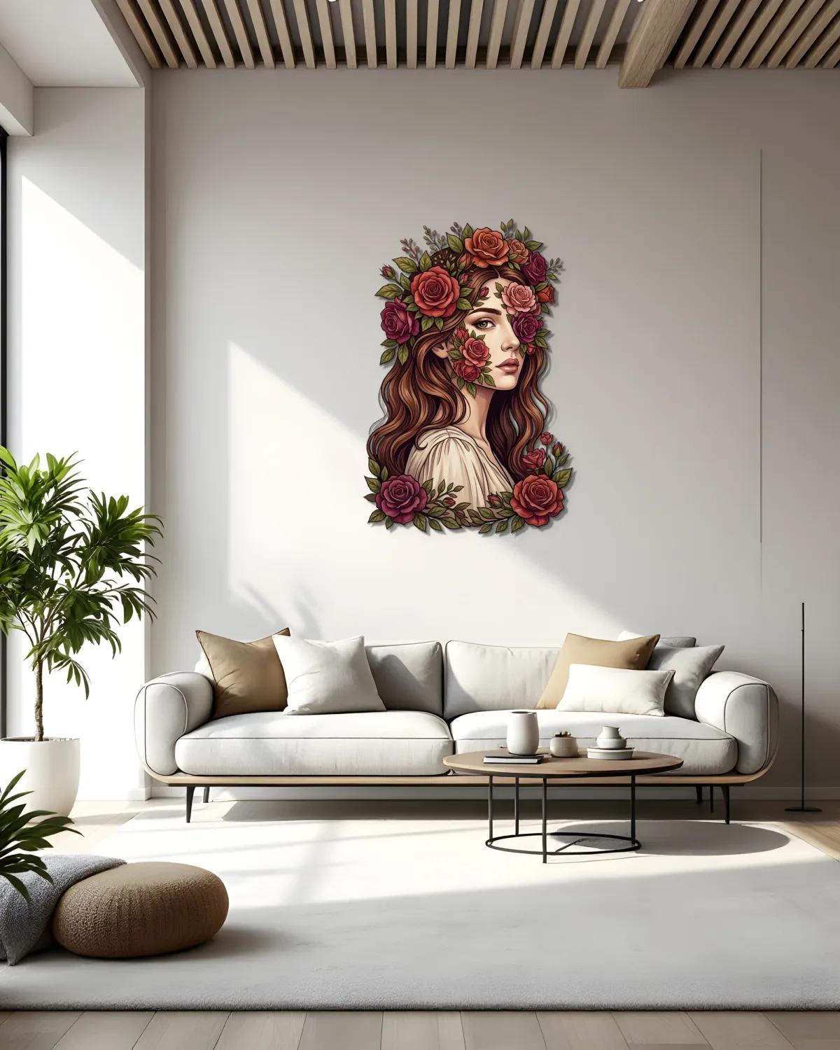 Açık salon duvarında kanepenin üstünde çiçek taçlı kadın portreli metal tablo