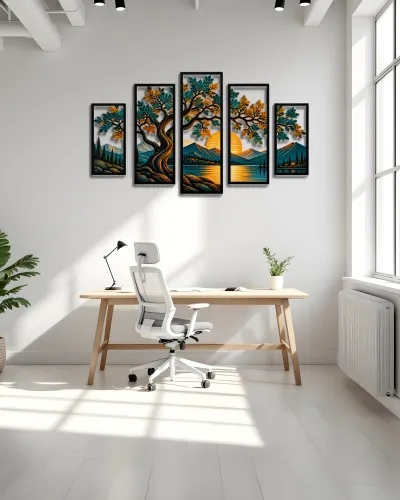 Gün Batımlı Ağaç Manzaralı 5 Parçalı Metal Tablo – ofis duvarında