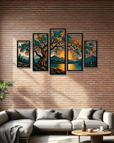 Gün Batımlı Ağaç Manzaralı 5 Parçalı Metal Tablo – salon duvarında