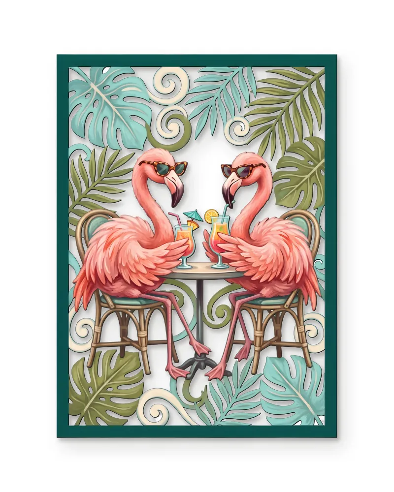 Güneş Gözlüklü Flamingo İkilisi Metal Tablo – beyaz zemin