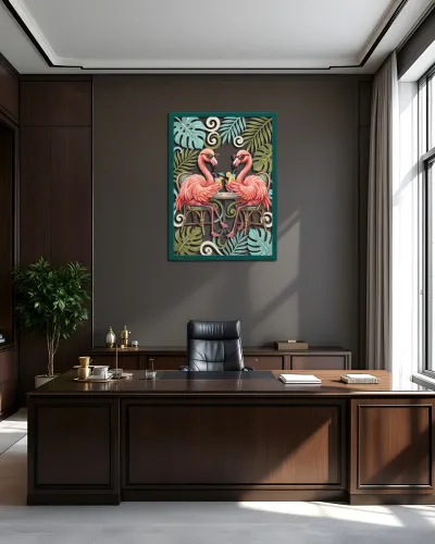 Güneş Gözlüklü Flamingo İkilisi Metal Tablo – ofis duvarında