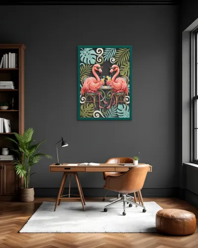 Güneş Gözlüklü Flamingo İkilisi Metal Tablo – ofis duvarında