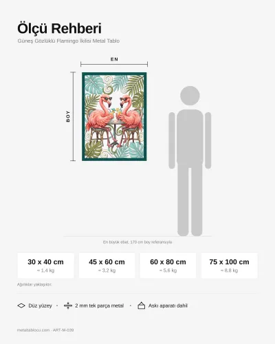 Güneş Gözlüklü Flamingo İkilisi Metal Tablo – ölçü rehberi
