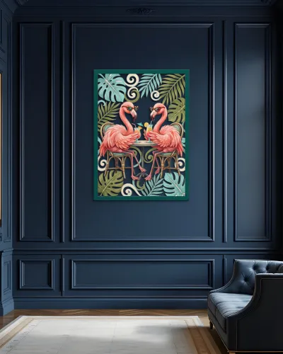 Güneş Gözlüklü Flamingo İkilisi Metal Tablo – salon duvarında