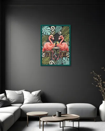 Güneş Gözlüklü Flamingo İkilisi Metal Tablo – salon duvarında