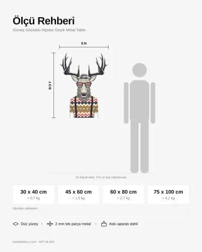 Güneş Gözlüklü Hipster Geyik Metal Tablo – ölçü rehberi