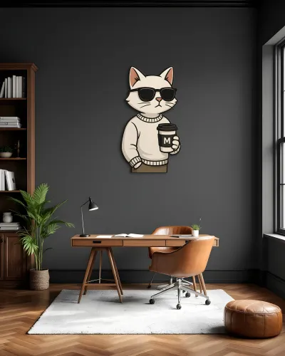 Güneş Gözlüklü Kahveci Kedi Metal Tablo – ofis duvarında