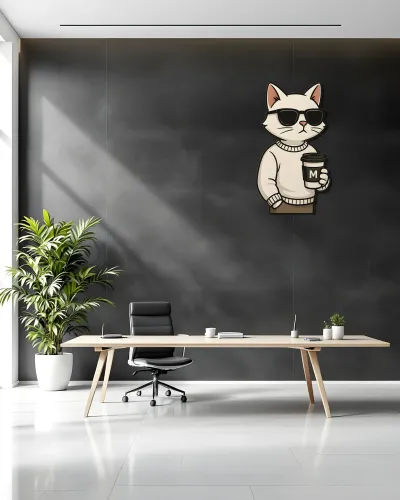 Güneş Gözlüklü Kahveci Kedi Metal Tablo – ofis duvarında