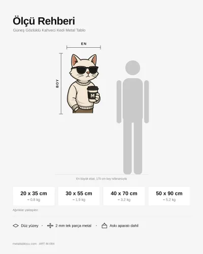 Güneş Gözlüklü Kahveci Kedi Metal Tablo – ölçü rehberi
