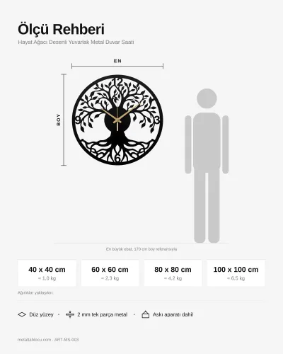 Hayat Ağacı Desenli Yuvarlak Metal Duvar Saati – ölçü rehberi