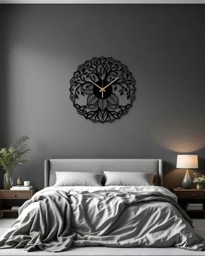 Hayat Ağacı Mandala Desenli Metal Duvar Saati – yatak odası duvarında