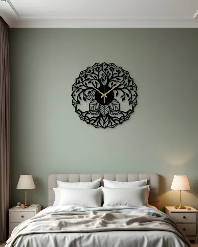 Hayat Ağacı Mandala Desenli Metal Duvar Saati – yatak odası duvarında