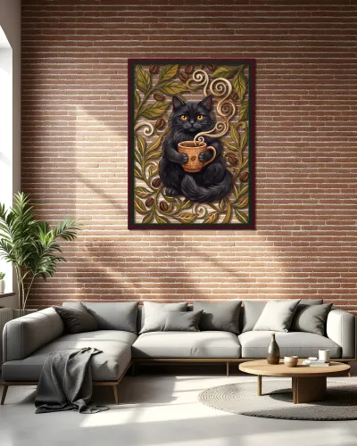 Kahve Fincanlı Siyah Kedi Metal Tablo – salon duvarında
