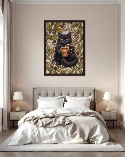 Kahve Fincanlı Siyah Kedi Metal Tablo – yatak odası duvarında