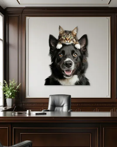 Kedi ve Köpek Dostluğu Metal Tablo – ofis duvarında