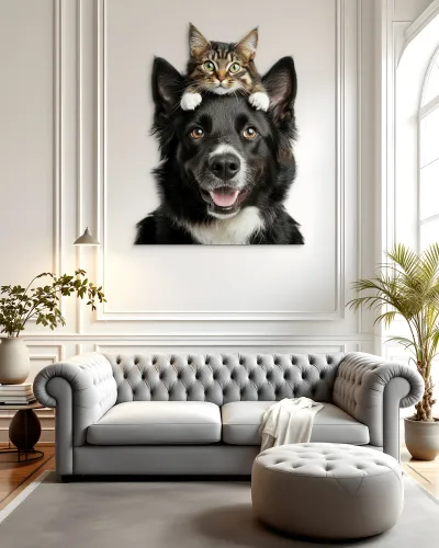 Kedi ve Köpek Dostluğu Metal Tablo – salon duvarında