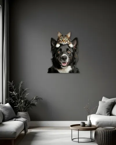 Kedi ve Köpek Dostluğu Metal Tablo – salon duvarında