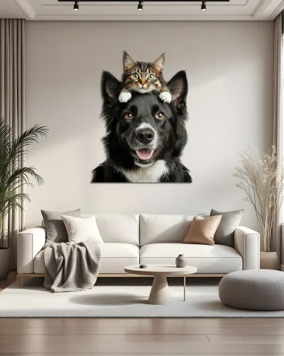 Kedi ve Köpek Dostluğu Metal Tablo – salon duvarında