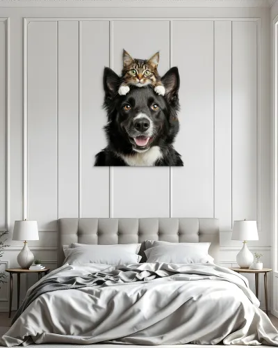 Kedi ve Köpek Dostluğu Metal Tablo – yatak odası duvarında