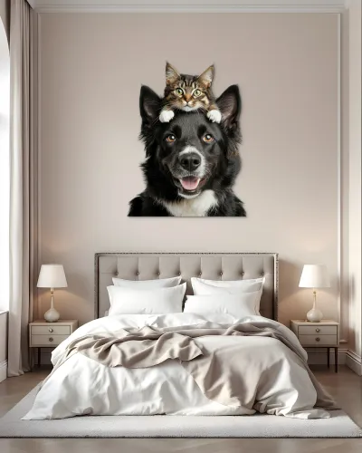 Kedi ve Köpek Dostluğu Metal Tablo – yatak odası duvarında