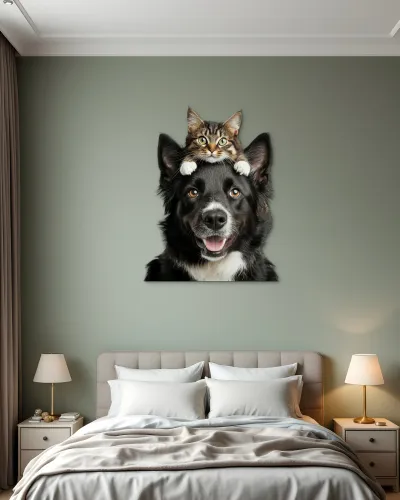 Kedi ve Köpek Dostluğu Metal Tablo – yatak odası duvarında
