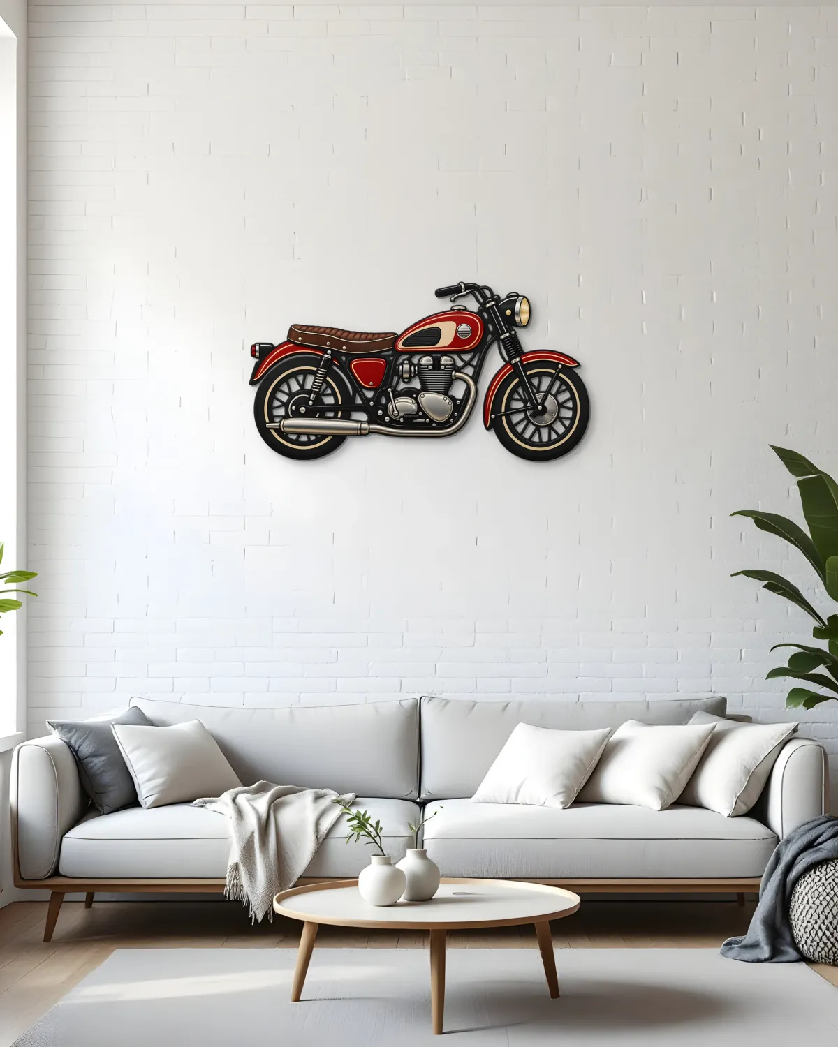 Beyaz tuğla duvarda kanepenin üstünde kırmızı klasik motosiklet metal tablo