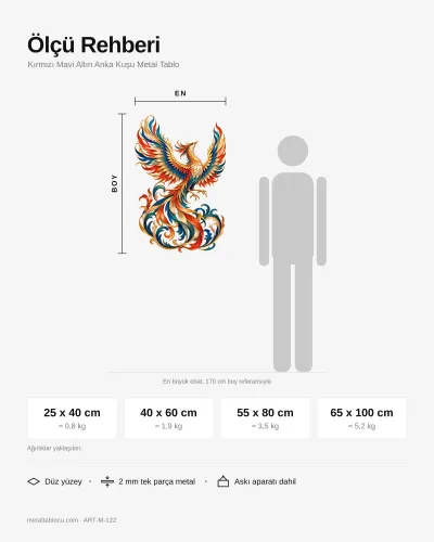 Kırmızı Mavi Altın Anka Kuşu Metal Tablo – ölçü rehberi