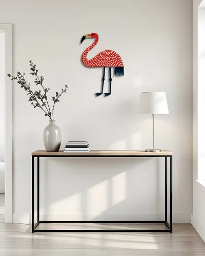 Kırmızı Puantiyeli Flamingo Metal Tablo – konsol üzerindeki duvarda