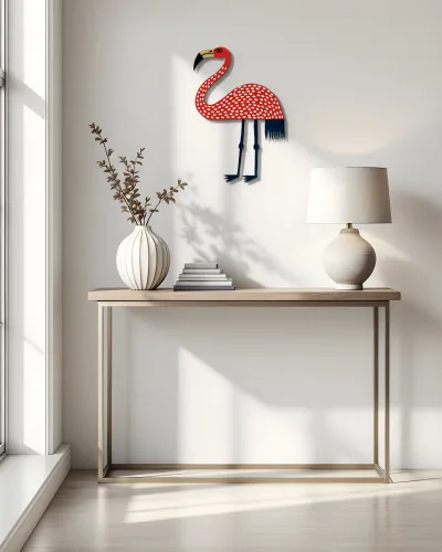 Kırmızı Puantiyeli Flamingo Metal Tablo – konsol üzerindeki duvarda