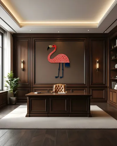 Kırmızı Puantiyeli Flamingo Metal Tablo – ofis duvarında