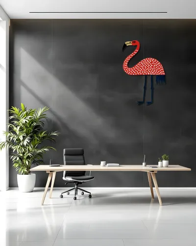 Kırmızı Puantiyeli Flamingo Metal Tablo – ofis duvarında