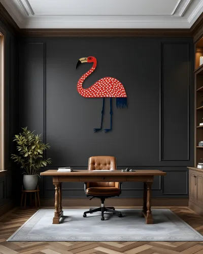 Kırmızı Puantiyeli Flamingo Metal Tablo – ofis duvarında