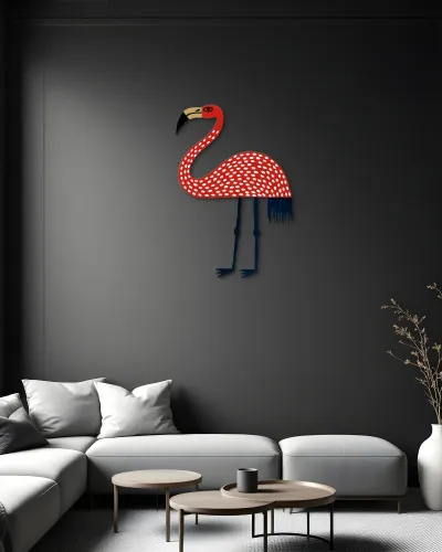 Kırmızı Puantiyeli Flamingo Metal Tablo – salon duvarında