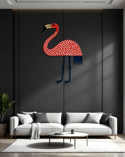 Kırmızı Puantiyeli Flamingo Metal Tablo – salon duvarında
