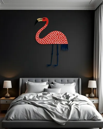 Kırmızı Puantiyeli Flamingo Metal Tablo – yatak odası duvarında