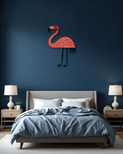 Kırmızı Puantiyeli Flamingo Metal Tablo – yatak odası duvarında