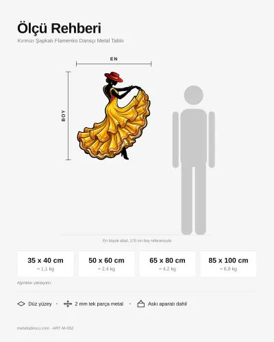 Kırmızı Şapkalı Flamenko Dansçı Metal Tablo – ölçü rehberi