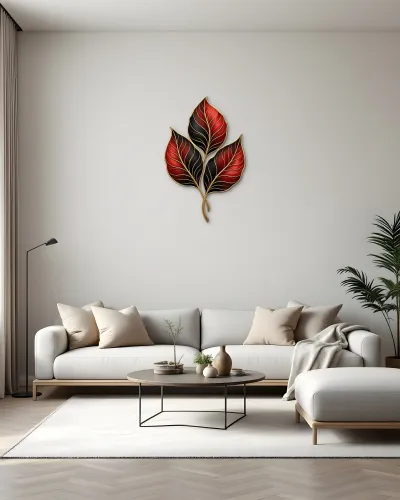 Kırmızı Siyah Üç Yaprak Desenli Metal Tablo – salon duvarında