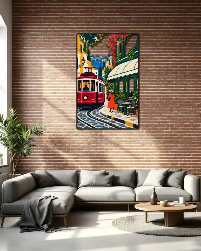 Kırmızı Tramvaylı Lizbon Sokağı Metal Tablo – salon duvarında
