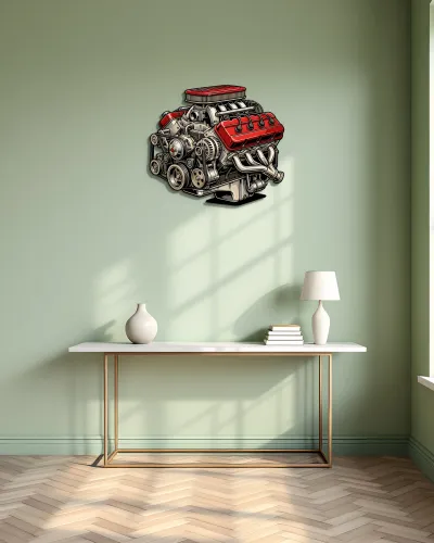 Kırmızı V8 Motor Detaylı Metal Tablo – konsol üzerindeki duvarda