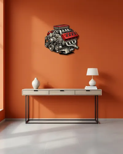 Kırmızı V8 Motor Detaylı Metal Tablo – konsol üzerindeki duvarda
