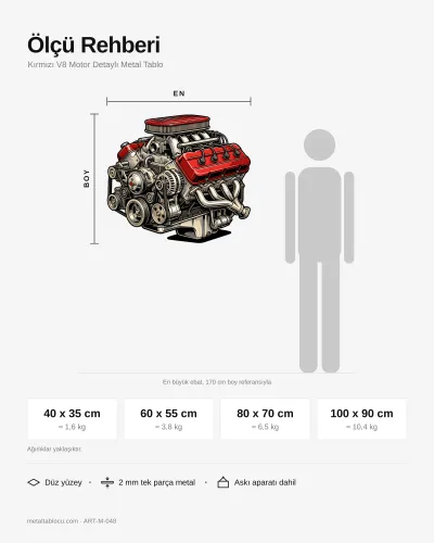 Kırmızı V8 Motor Detaylı Metal Tablo – ölçü rehberi
